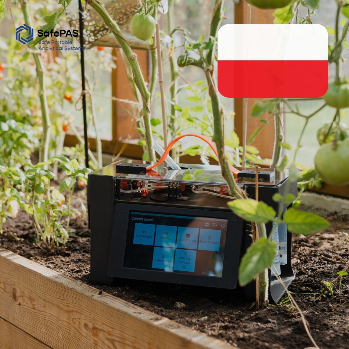 SMAGRY analyzer positioned among greenhouse plants, measuring nutrient levels for smart fertilization